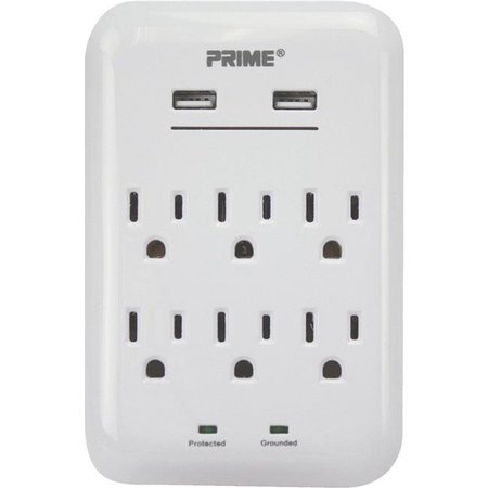 PRIME-LINE Prime Line PBUSB346S 125 V 6-Outlet & 3.4A 2-USB Charger with Surge Protection; White PBUSB346S
